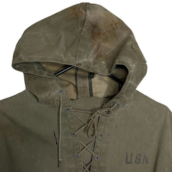 Vintage 1940s WW2 USN Navy Foul Weather Anorak Deck Pullover Jacket Medium - Picture 2 of 12